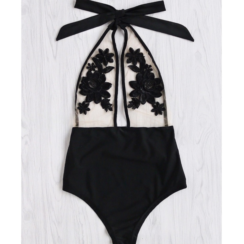 Floral appliqué halter mesh swimsuit